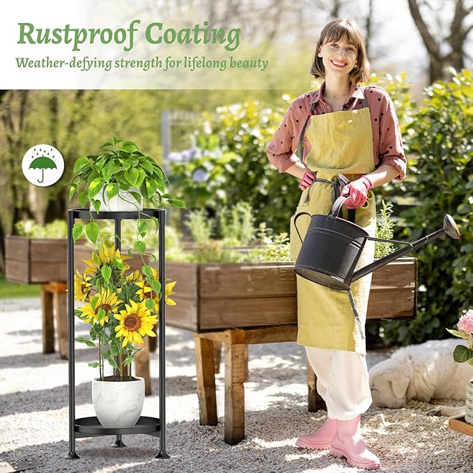 KMOTASUO 2 Tier Plant Stand Indoor for Large Tall Heavy Duty Planter, Multiple Sturdy Metal Flower Corner Rack for Narrow House Floor, Iron Vertical Level Round Orchi Holder Organizer, Black