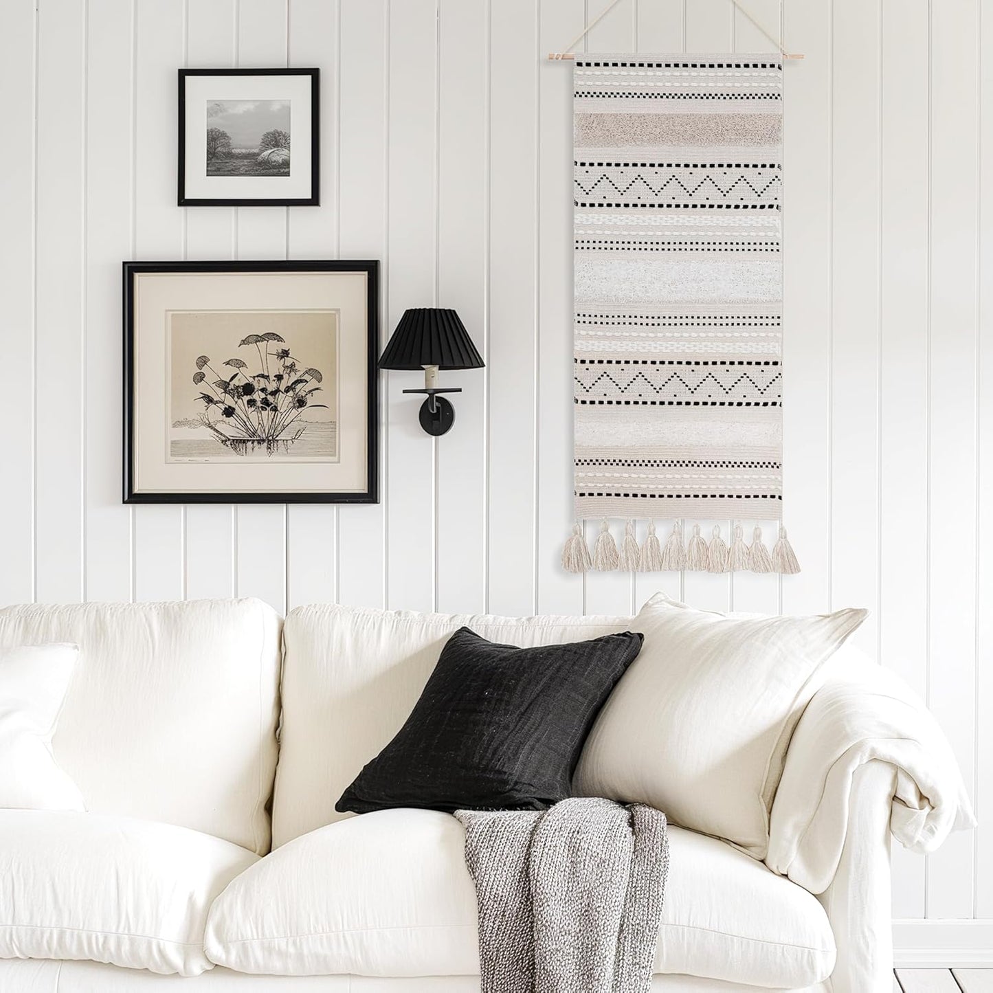 BlissBlush Long Vertical Wall Hanging Tapestry Woven Boho Farmhouse Decor Black Beige Cream Tassel Handmade Wall Art Decoration for Bedroom Living Room Dorm Nursery Apartment, 16x39 INCH