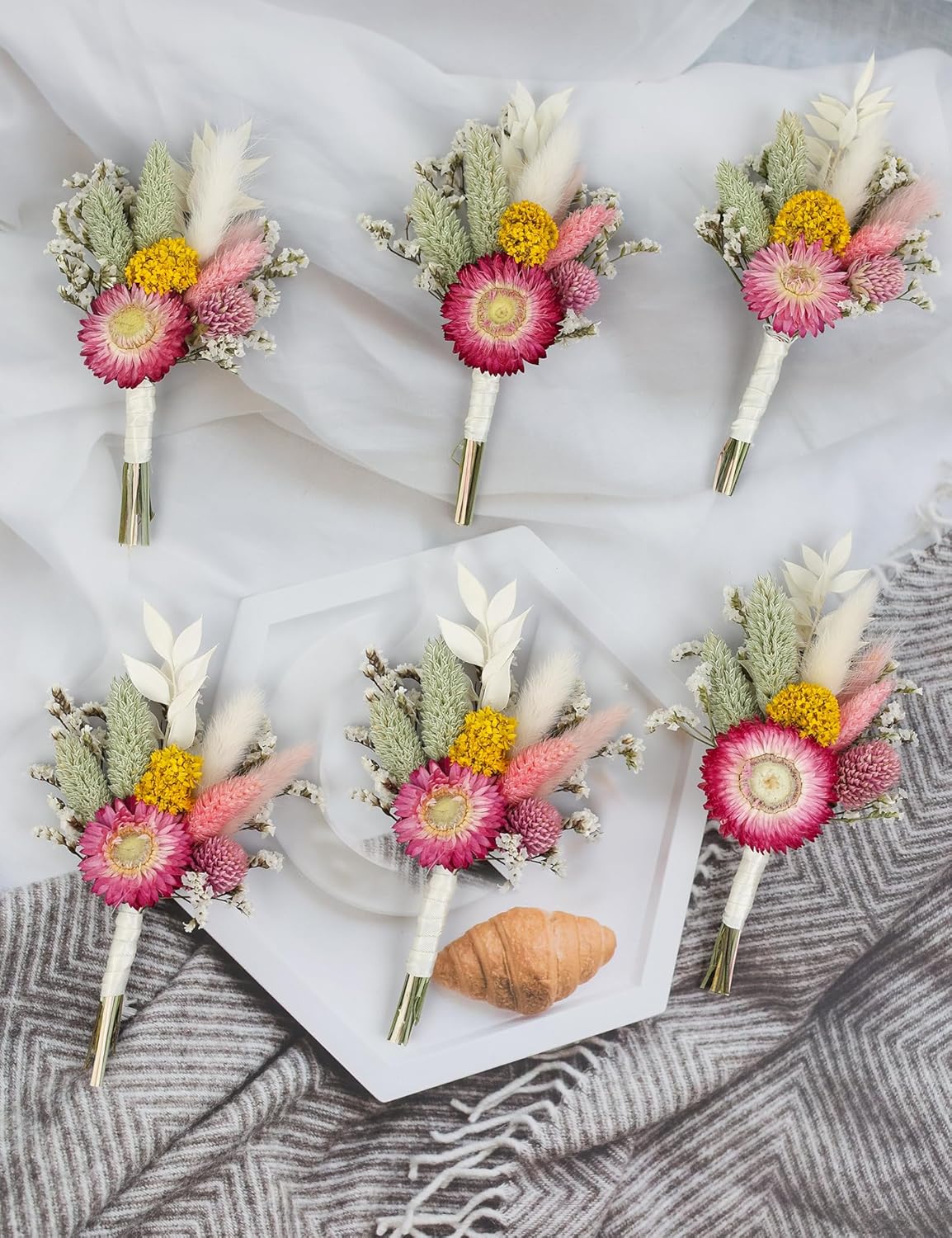Mini Dried Flower Bouquet (Set of 6) for Handmade Craft Decorations and Boutonnieres for Groomsmen and Groomsmen. (Burgundy)