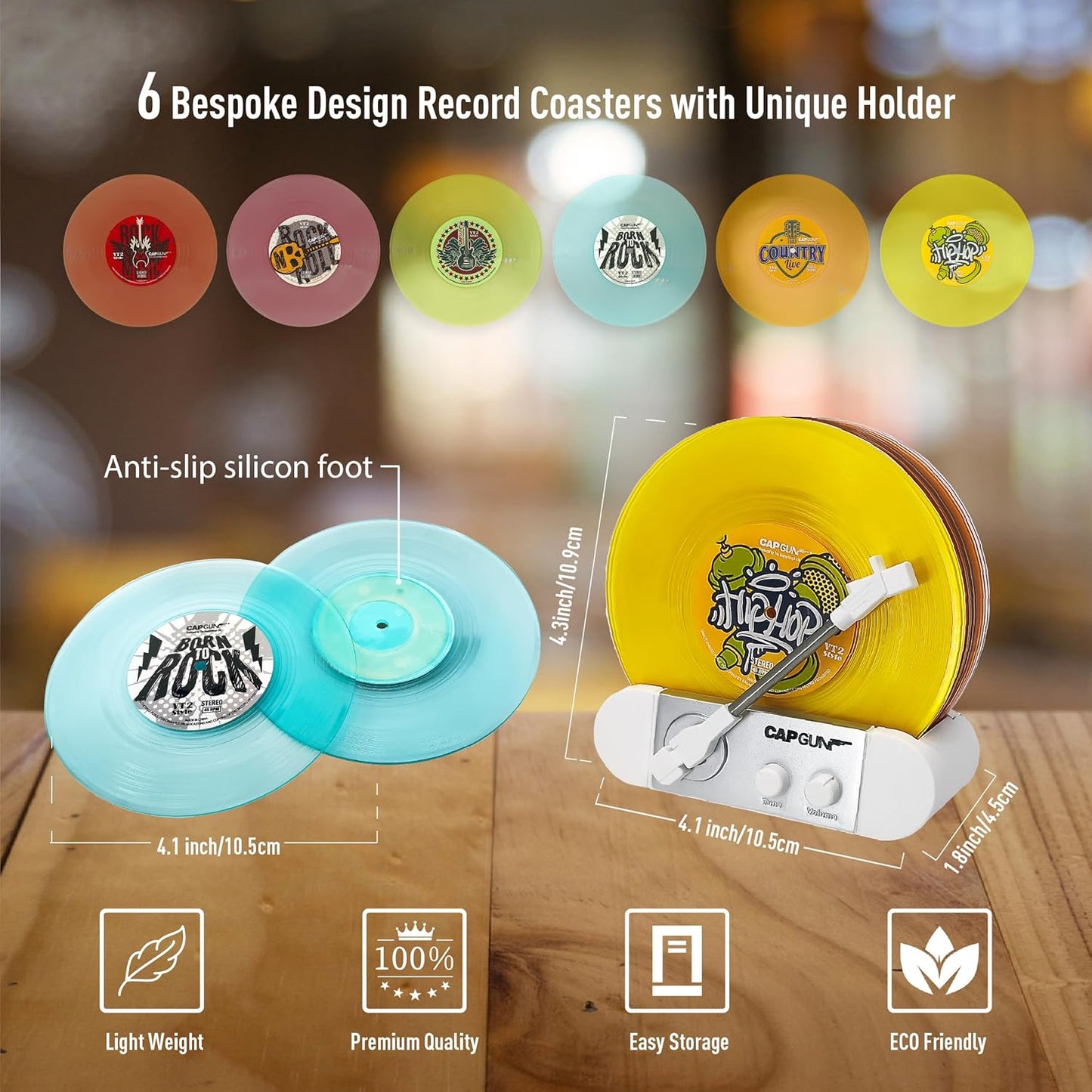 Funny Retro Vinyl Record Coasters, Creative Drink Coasters Set of 6 with Vinyl Record Player Holder for Music Lovers, Housewarming Hostess Gifts (6, V4)