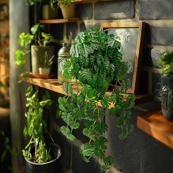 2 PCS Artificial Hanging Plants, Fake Hanging Monstera Leaves Ivy Vine Faux Greenery Tropical Palm Leaves Outdoor Hanging Plants Leaf Plant for Garden Home Decor