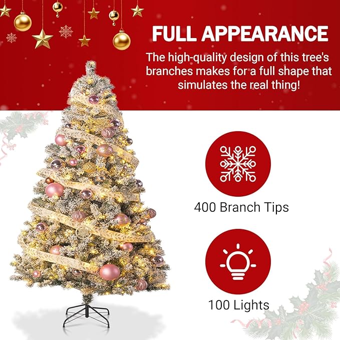 4.5ft Prelit Green Artificial Christmas Tree with 100 Warm White LED Light, Full Snow Flocked Xmas Tree Featuring 400 Realistic Branch, Easy Hinged Assembly for Home Office Party Decoration