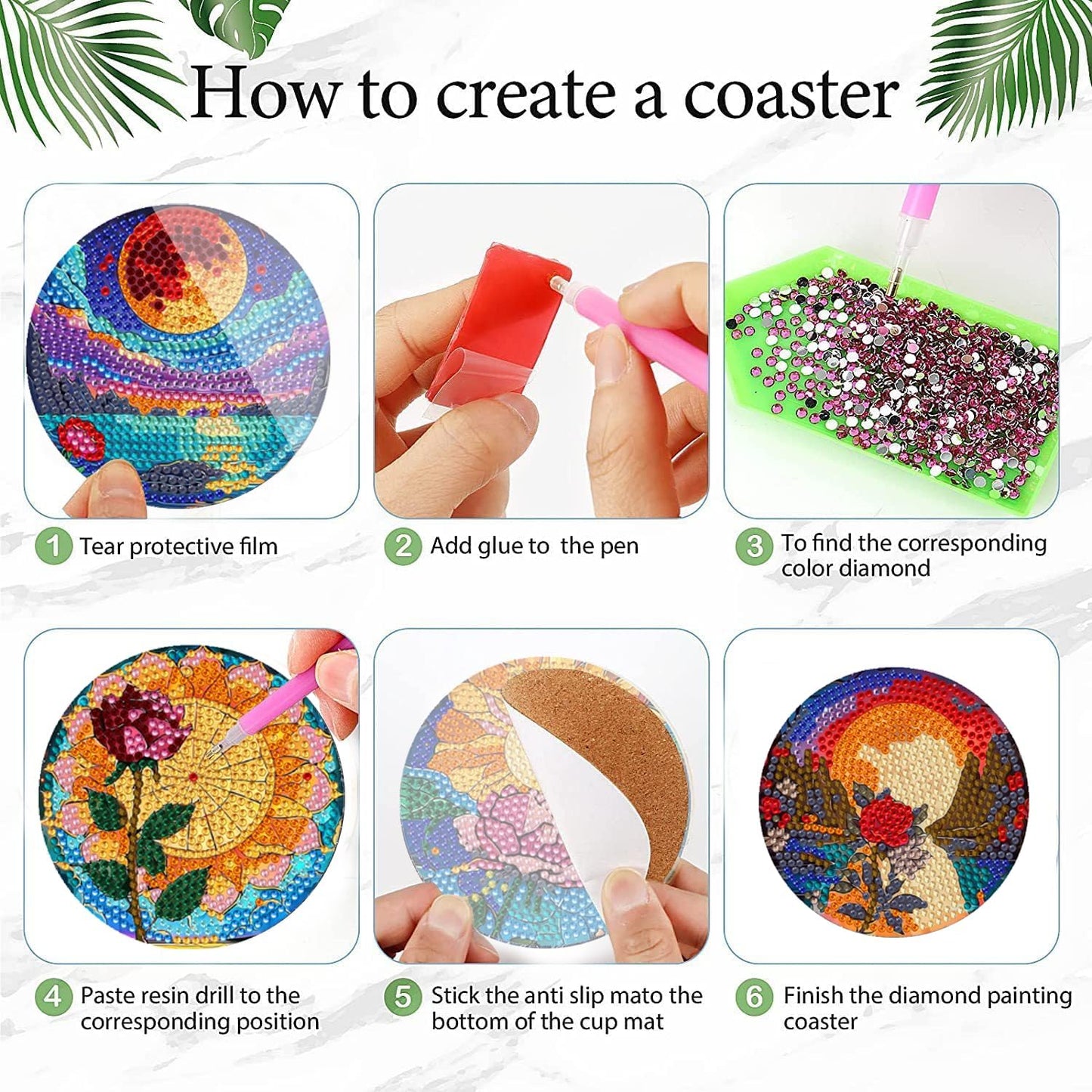 Leatrice Flower Diamond Art Coasters Set of 8, Small Diamond Painting Kits for Adults Beginners Women, Gem Art Coasters with Holder, Funny Arts Supplies for Home Decor