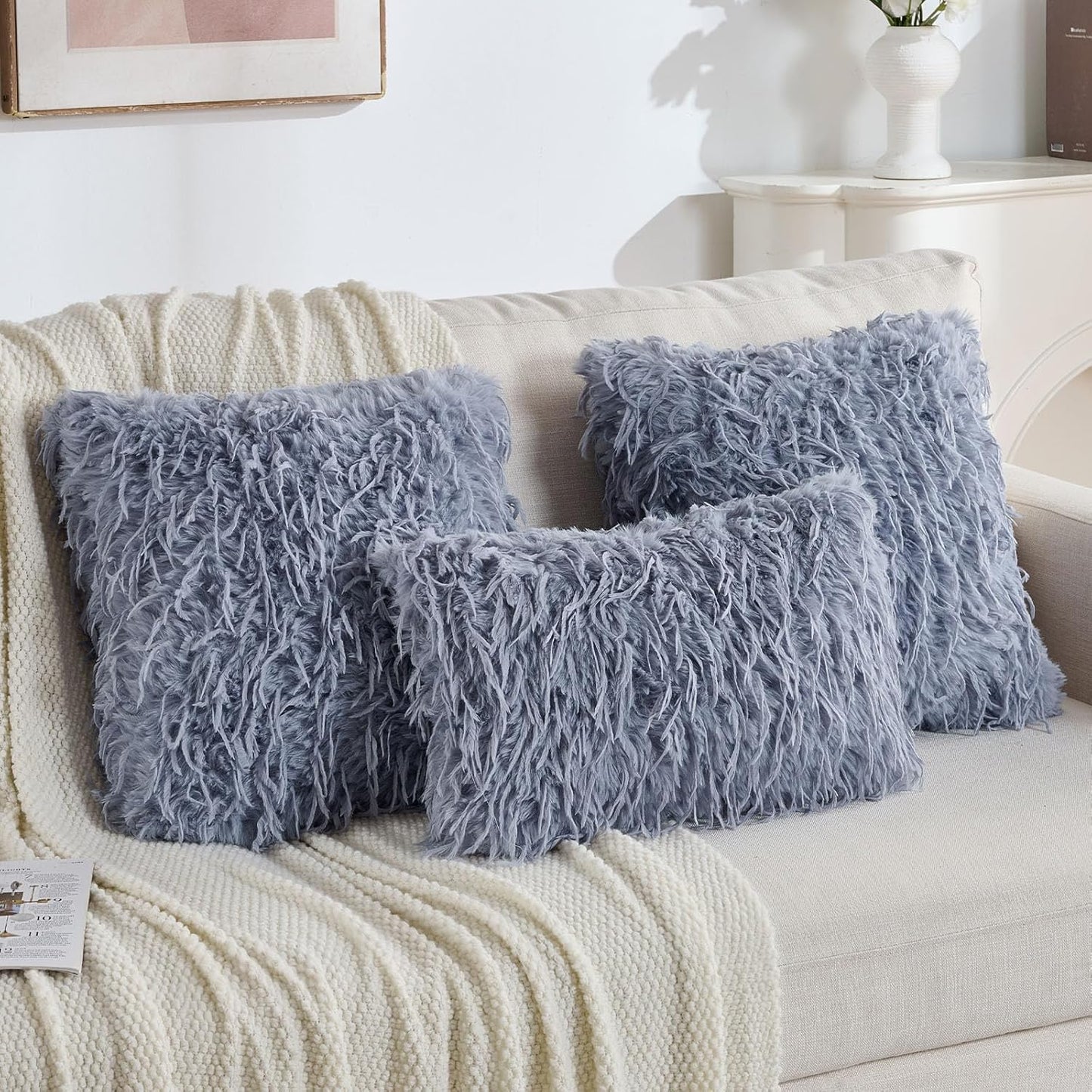 FUTEI Grey Blue Decorative Throw Pillow Covers 24x24 Inch Set of 2,Soft Fluffy Faux Feather Texture European Cushion Cases,Modern Home Luxury Decor for Couch Bed Living Room
