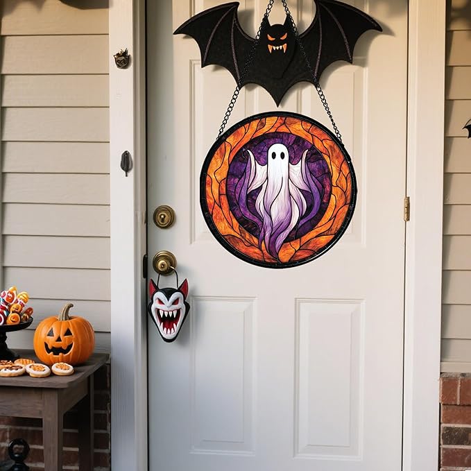 Stained Glass Window Hanging - Halloween Decorations White Purple Ghost Suncatcher for Doors Garden Indoor Spooky Funny Sun Catchers Gothic Decor Horror Gifts for Women Men Friend 6.3 in
