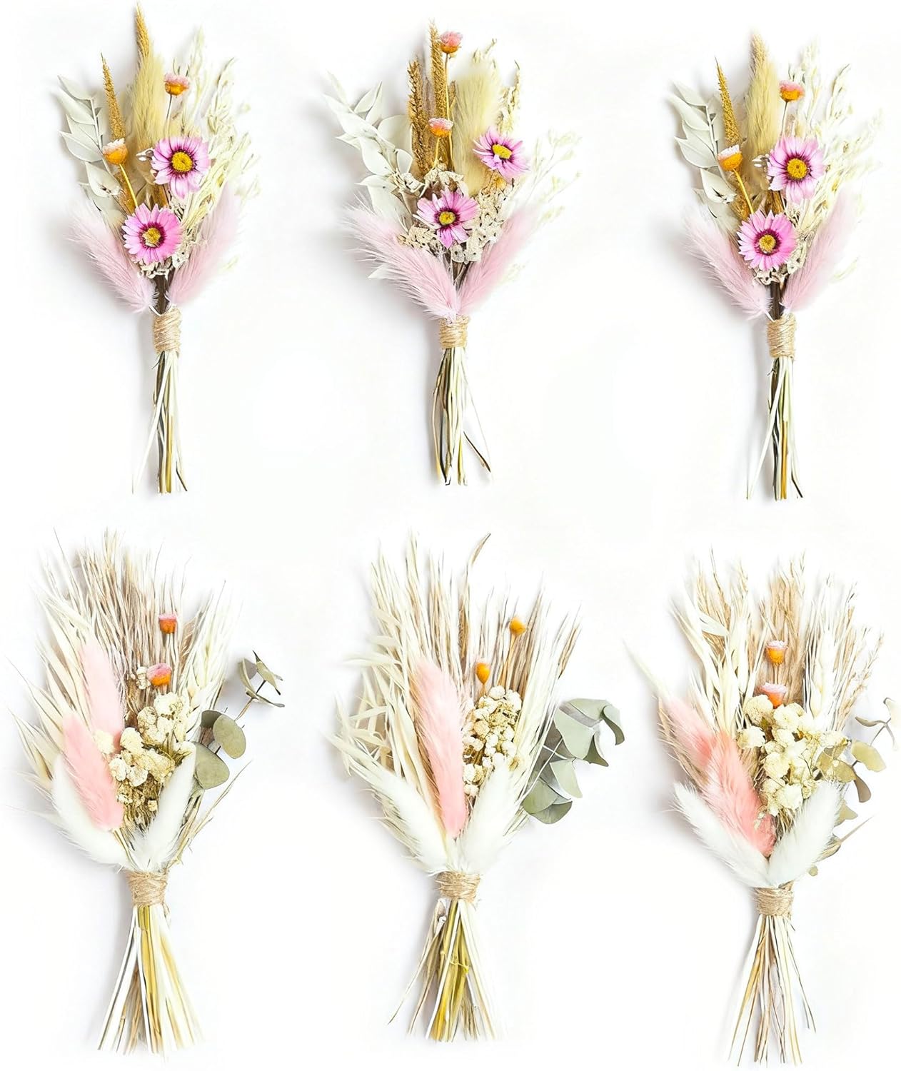 Mini Dried Flower Bouquet Set of 6, Boho Wedding Decor, Boutonniere for Men, Table Centerpieces, Birthday Cake Flowers,Personalized Bridesmaid Gift Box, Small Bottles Decoration.(White)