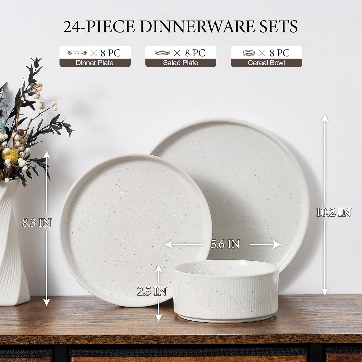 E-far 24-Piece Stoneware Dinnerware Sets, Plates and Bowls Sets for 8, Kitchen Modern Dinning Porcelain Dishes Set, Chip & Scratch Resistant, Dishwasher & Microwave Safe, Speckled White