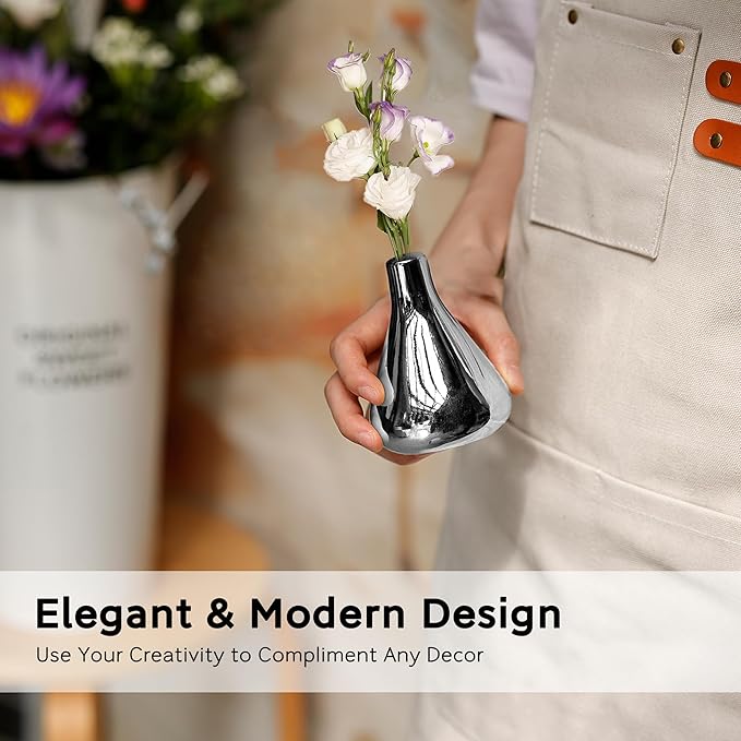 Silver Vases (Set of 3) by Port&Petal – Small Bud Vases 3.5-5” Tall with Reflective Finish | Silver Home Decor, Accent for Living Room, Table Decor, Wedding Table Centerpiece Decoration