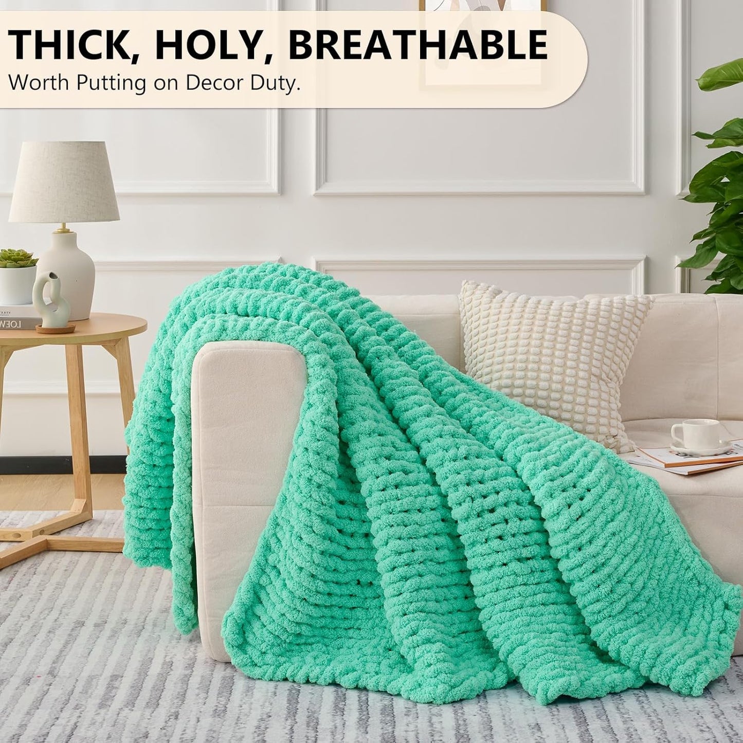 L'AGRATY Chunky Knit Blanket Throw: 60''x80'' Chenille Chunky Knitted Throw Blanket for Bed Couch - Handmade Thick Big Cable Knit Blanket - Large Crochet Rope Blanket for Home Decor(Aqua)