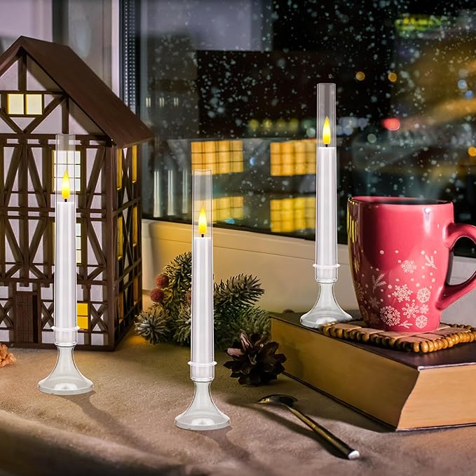 White Flameless Taper Candles, 6 Pack Acrylic LED Candles with Remote Timer, 9.25"x0.75" Battery Operated Flickering Window Candle for Home Wedding Decor, and Holiday Celebrations