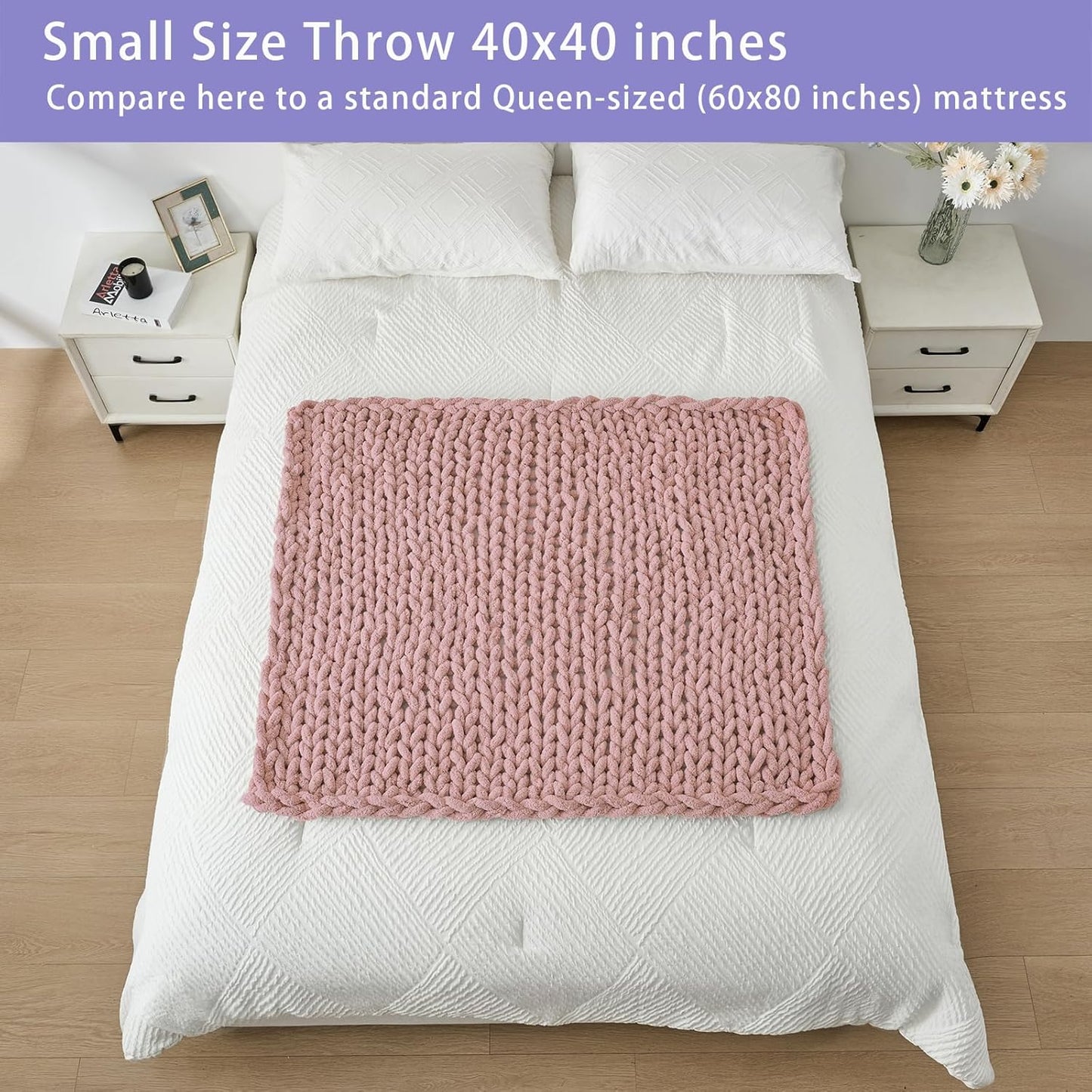 Bigacogo Chunky Knit Throw Blanket for Couch, 40x40 inches, 100% Hand Knitted with Thick Jumbo Chenille Yarn, Cozy Soft Large Rope Knot Cable Crochet Blankets for Sofa Bed Living Room, Dusty Pink
