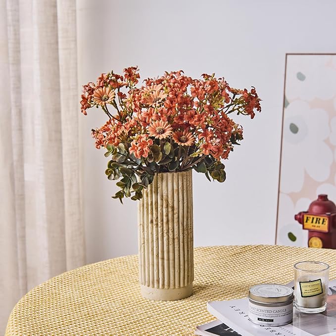 Cylinder Vase 8 Inch - Natural Travertine Textured Ribbed Resin Vase for Pampas Grass, Flowers, Home Decor | Decorative Centerpiece for Entryway, Countertop, Nightstand | Housewarming Gift (Beige)