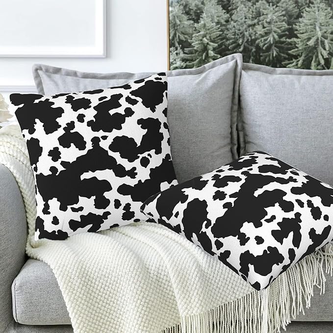 Cow Skin Throw Pillow Covers Set of 2 Black and White Spot Pillow Covers 18x18 Inch Modern Farmhouse Home Decorative Pillow Cases Cushion Cover for Sofa Living Room Office