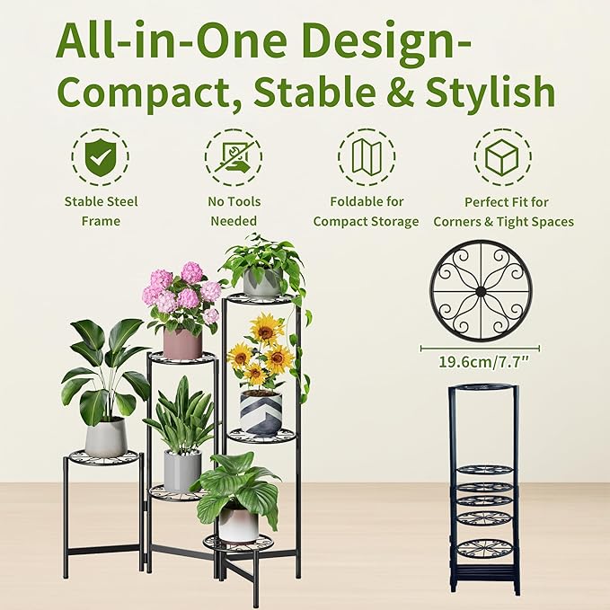 6 Tier Large Plant Stand Indoor with 7.9-Inch Wide Drainage Tray, Tiered Corner Metal Outdoor Flower Display Holder Shelf, Folding Tall Rack for House Patio Porch Balcony Graden - BlackS