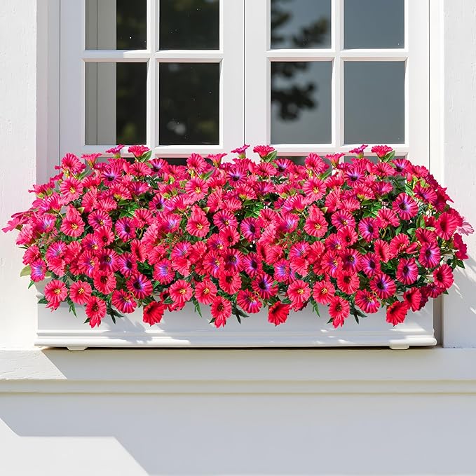 UV Resistant Artificial Petunias 13.3In Fake Flowers Artificial Flowers for Outdoors Silk Flowers 8PCS Fake Hanging Basket Plants Suitable for Outdoor Porch Decoration Patio Decor (Rose red)