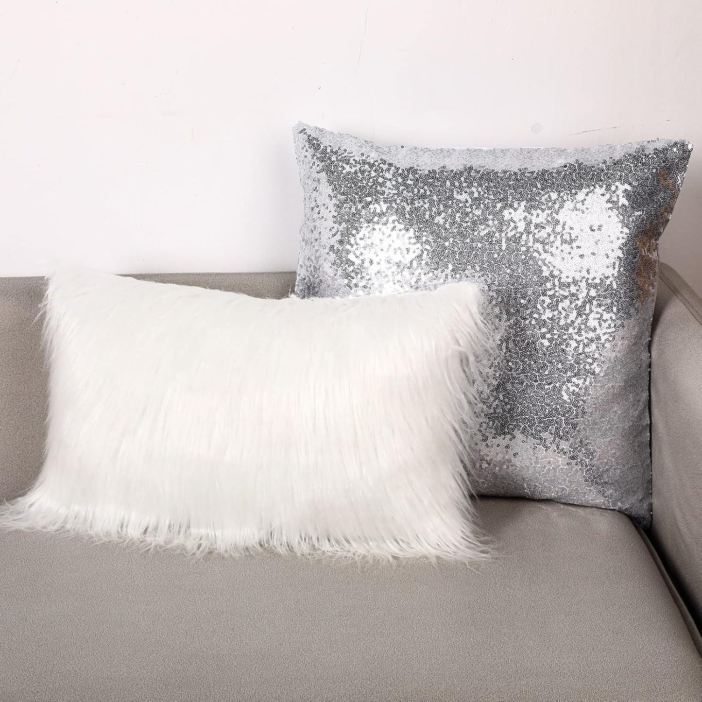 Irenare 4 Pcs Sequin and Fluffy Pillow Covers Winter Throw Pillow Cases Soft Cushion Cover for Couch Bed Sofa Xmas Day(18 x 18 Inch, 12 x 20 Inch,White, Silver)