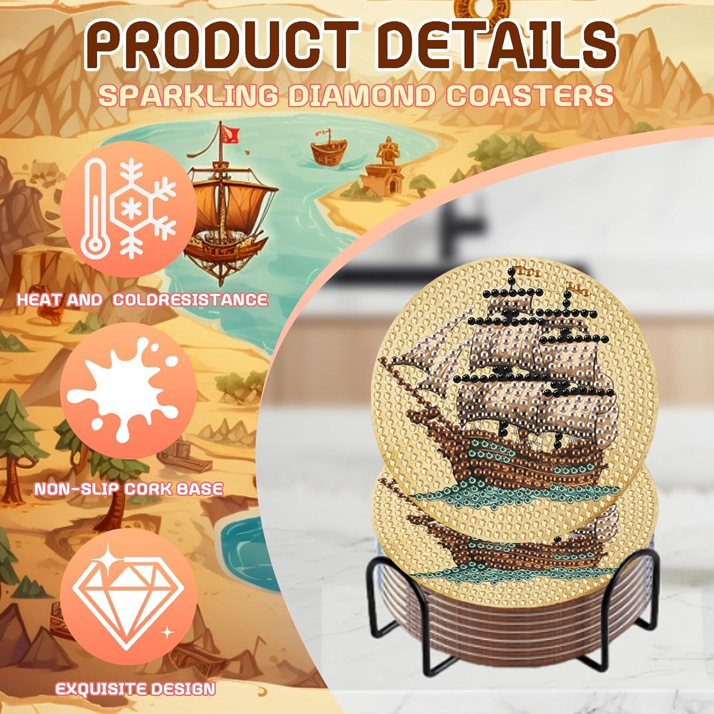 DOZEEZOP 8 PCS Diamond Art Coasters Kit, Cat Diamond Painting Coasters with Holder, Fall Diamond Art Kits for Adults Beginners, Arts and Crafts Supplies (BD673)