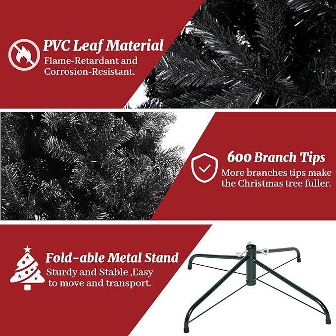 ULICO 5ft Artificial Black Christmas Tree,Premium Spruce Xmas Tree with 600 Branch Tips, Fake Christmas Tree with Foldable Metal Base Stand,Home, Office,Party Decoration