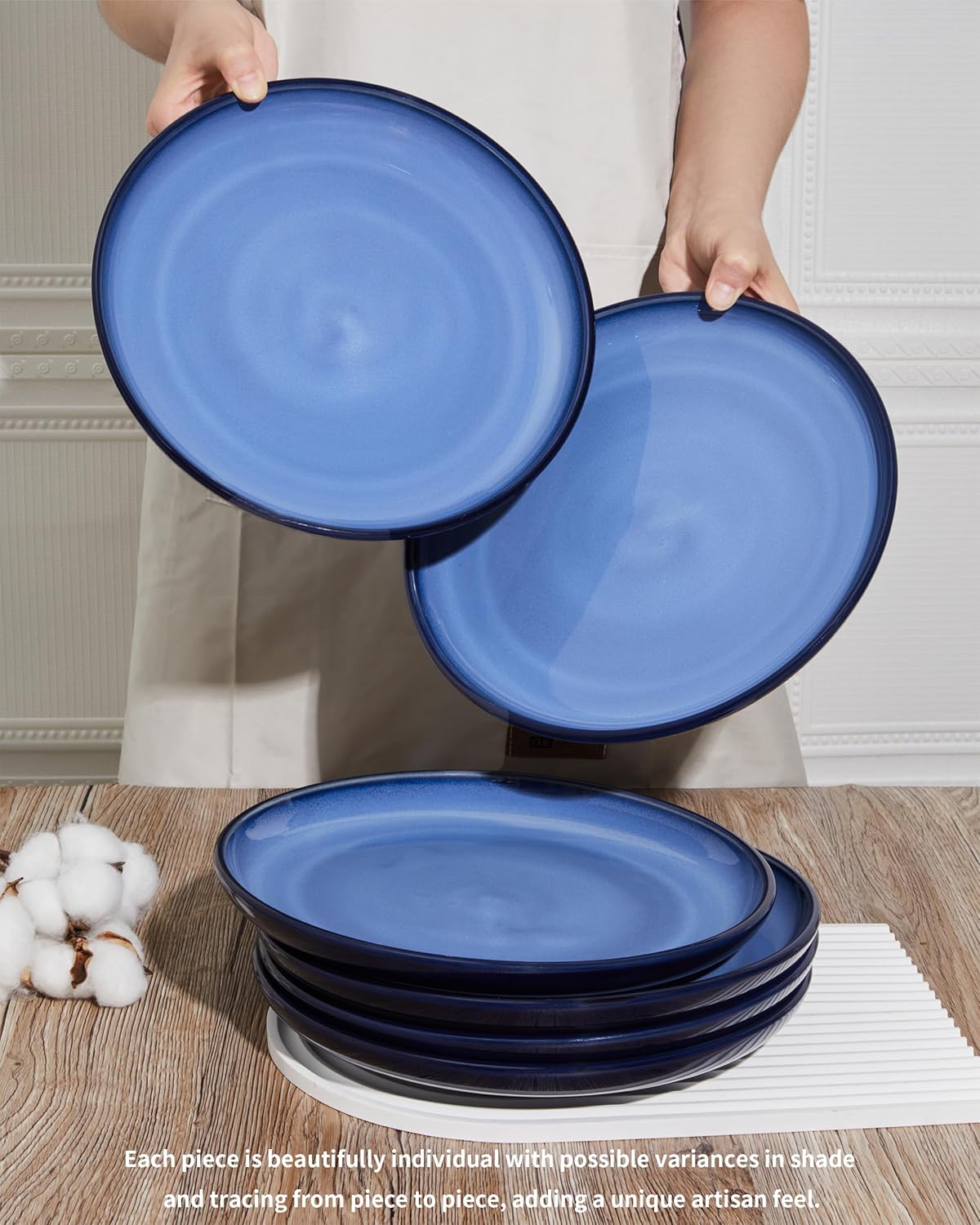 Dinner Plates for 6, 10 Inches Plate Set, Scratch Resistant, Large Stoneware Dinnerware, Kitchen Modern Rustic Serving Dishes, Light Blue