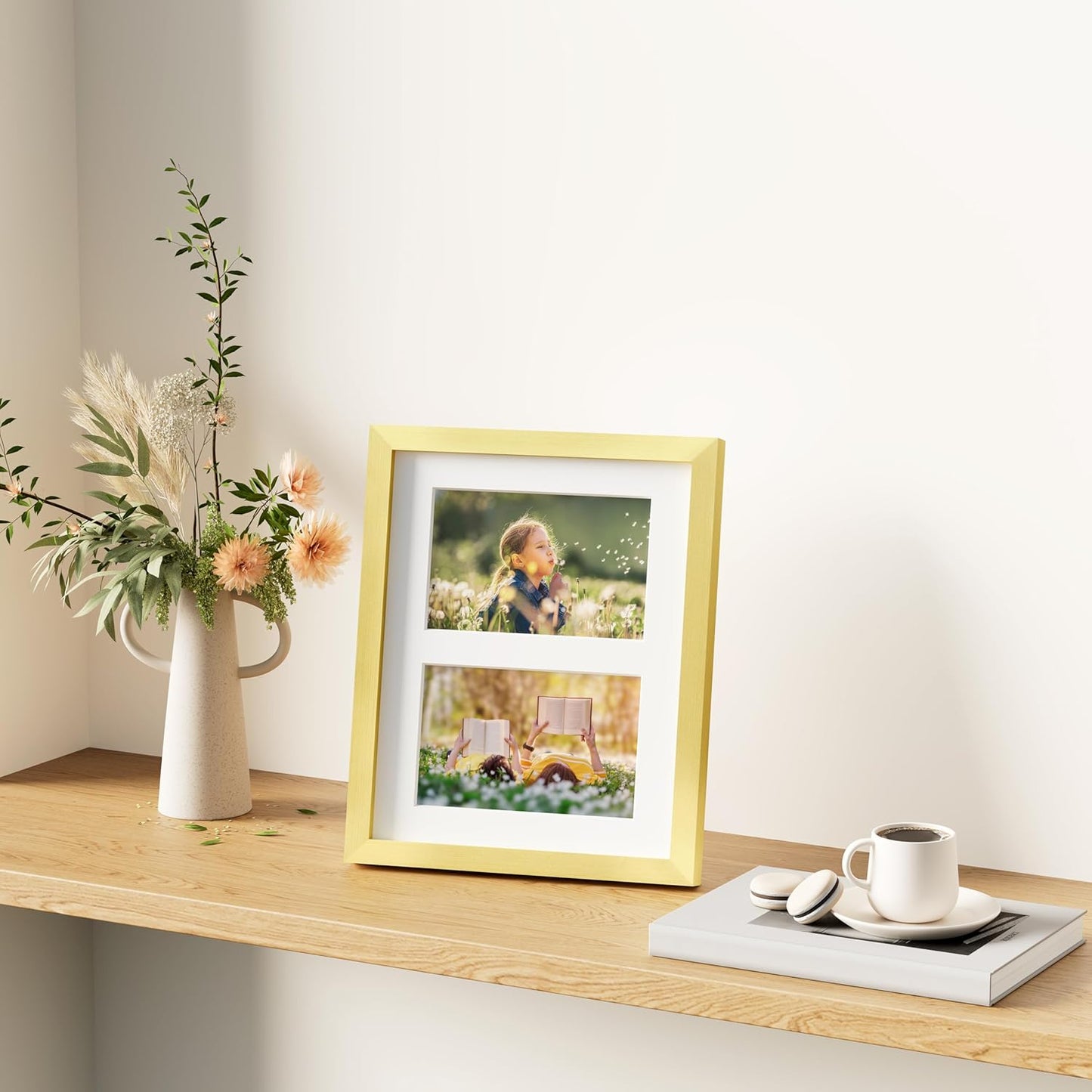 decorUhome 8x10 Picture Frames Collage Wall Decor, Display 2Pcs 4x6 Photos with Mat or 1Pcs 8x10 Unmatted, 2 4x6 Collage Picture Frames for Wall Mounting, Gold