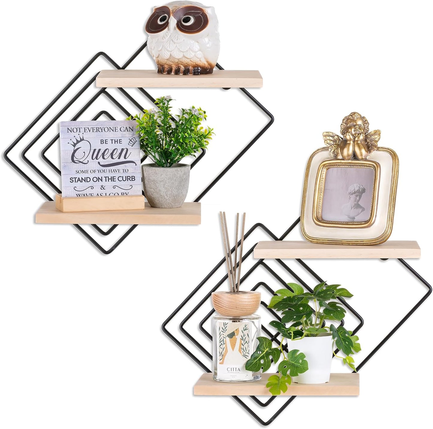 Bedroom Shelves for Wall Decor - Set of 2 Small Floating Shelf 2 Tier Modern Shelves Wall Mount Wood Geometric Hanging Plant Shelf Organizer for Bathroom