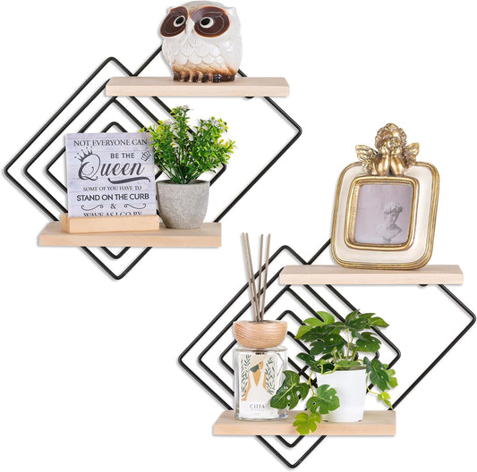 Bedroom Shelves for Wall Decor - Set of 2 Small Floating Shelf 2 Tier Modern Shelves Wall Mount Wood Geometric Hanging Plant Shelf Organizer for Bathroom