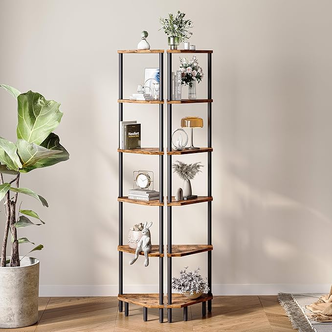 6 Tier Corner Shelf, 66.5'' Tall Standing Shelf, Narrow Display Shelf Stand, Modern Corner Bookshelf, Plant Stand, Corner Bookcase for Living Room, Bedroom, Bathroom, Rustic Brown LCS502R