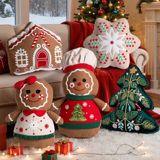 Lanpn Christmas Throw Pillows Set of 5, Christmas Decoration Winter Throw Cushions Snowflake Gingerbread Man 3D Shaped Xmas Tree Pillow for Sofa Living Room Bedroom Xmas Decor