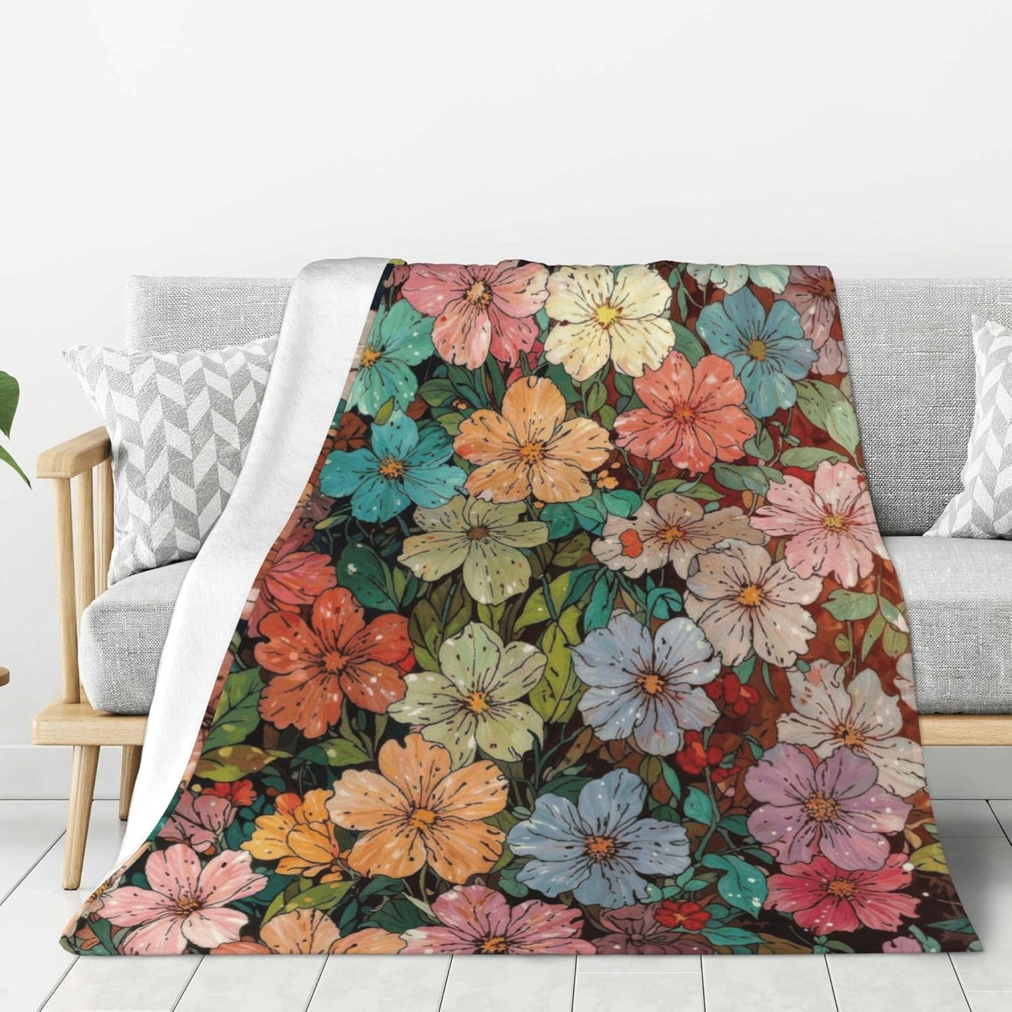 Colorful Floral Throw Blanket, Watercolor Wildflowers Fuzzy Blanket, Ultra Soft Cozy Flannel Throw Blankets Lightweight Fleece Blankets for Bed Couch Sofa 60"×80"
