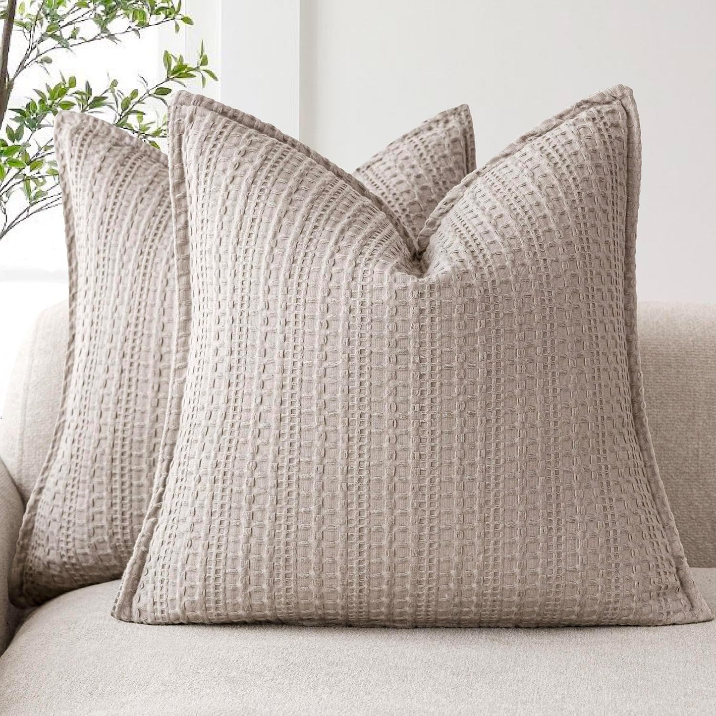 Foindtower Set of 2 Decorative Cotton Waffle Weave Throw Pillow Covers Euro Shams Cushion Covers Accent European Pillowcase for Bed Couch Sofa Bedroom Living Room Home Decor 22×22 Inch Tan Beige