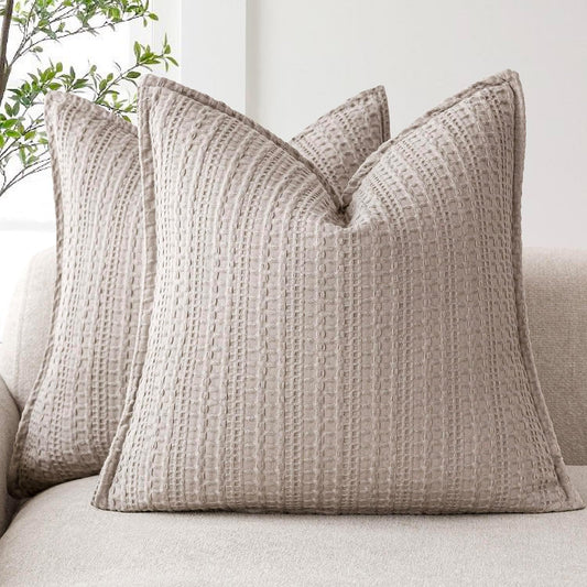Foindtower Set of 2 Decorative Cotton Waffle Weave Throw Pillow Covers Euro Shams Cushion Covers Accent European Pillowcase for Bed Couch Sofa Bedroom Living Room Home Decor 26×26 Inch Tan Beige