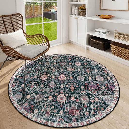 Lahome Moroccan Trellis Washable Round Rugs, Non-Slip Soft Round Rug 4ft Ultra-Thin, Small Vintage Circle Carpet for Entryway Kitchen Bedroom Nursery Bathroom, Black/Multi
