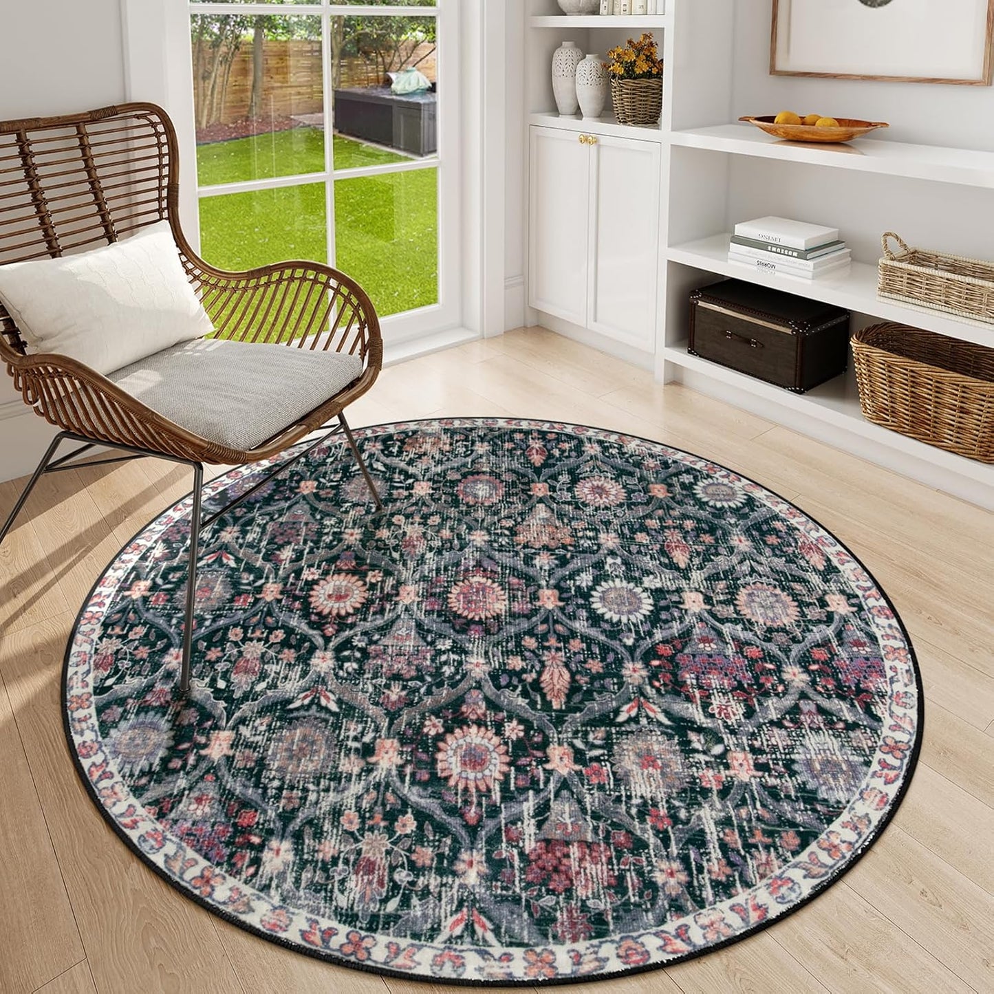 Lahome Moroccan Trellis Round Area Rugs, Washable Small Round Rug 3ft Non-Slip, Soft Vintage Ultra-Thin Circle Carpet for Bedroom Entryway Kitchen Laundry Bathroom, Black/Multi