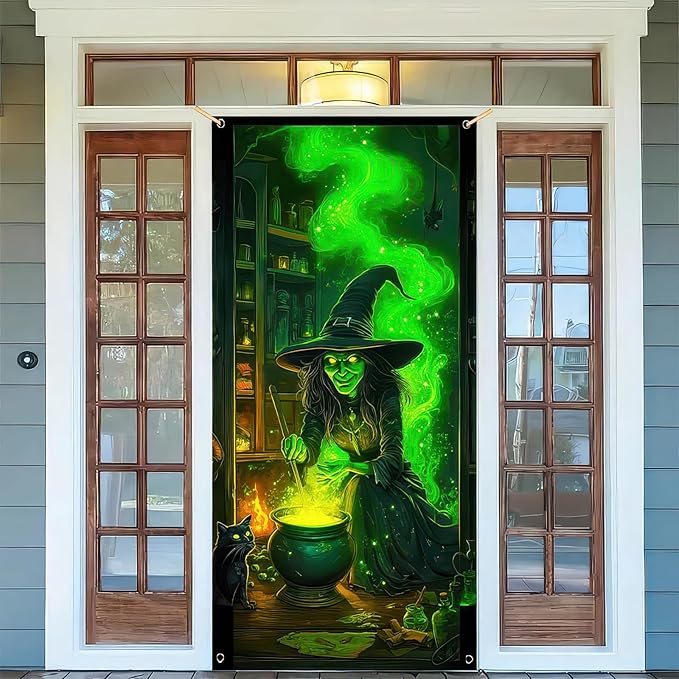 Halloween Door Cover 71x35 Inch Green Witch Black Cat Potion Room Hanging Banner Spooky Halloween Door Banner for Indoor Front Porch Wall Haunted House Party Decor