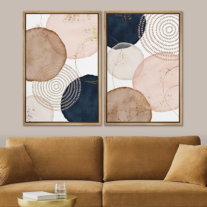 SIGNFORD Framed Wall Art Print Set Pastel Watercolor Vibrant Circle Collage Abstract Shapes Illustrations Modern Minimalist Relax/Calm Multicolor for Living Room, Bedroom, Office - 16"x24"x2 Natural