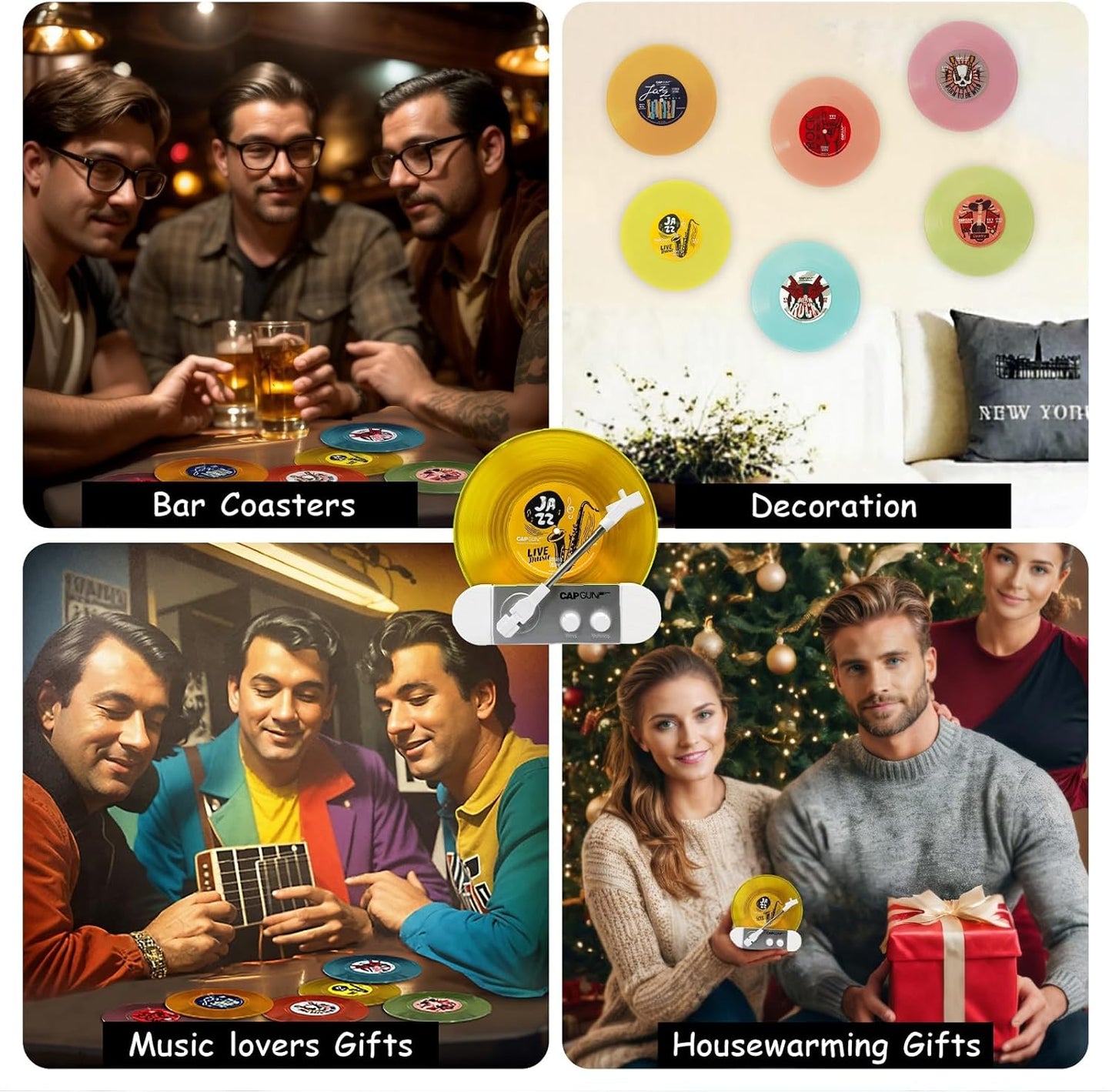 Funny Retro Vinyl Record Coasters, Creative Drink Coasters Set of 6 with Vinyl Record Player Holder for Music Lovers, Housewarming Hostess Gifts (12, V1&V4)