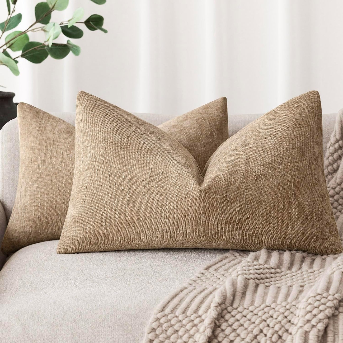 Foindtower Pack of 2 Soft Textured Chenille Throw Decorative Pillow Covers Square Accent Solid Cushion Cover Neutral Lumbar Pillow Case for Couch Sofa Bedroom Living Room 12x24 Inch,Taupe Khaki Camel