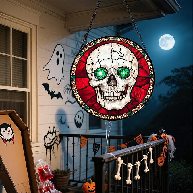 Stained Glass Window Hanging - Halloween Decorations Vampire Skeleton Suncatcher for Doors Garden Indoor Spooky Funny Sun Catchers Gothic Decor Horror Gifts for Women Men Friend 6.3 in