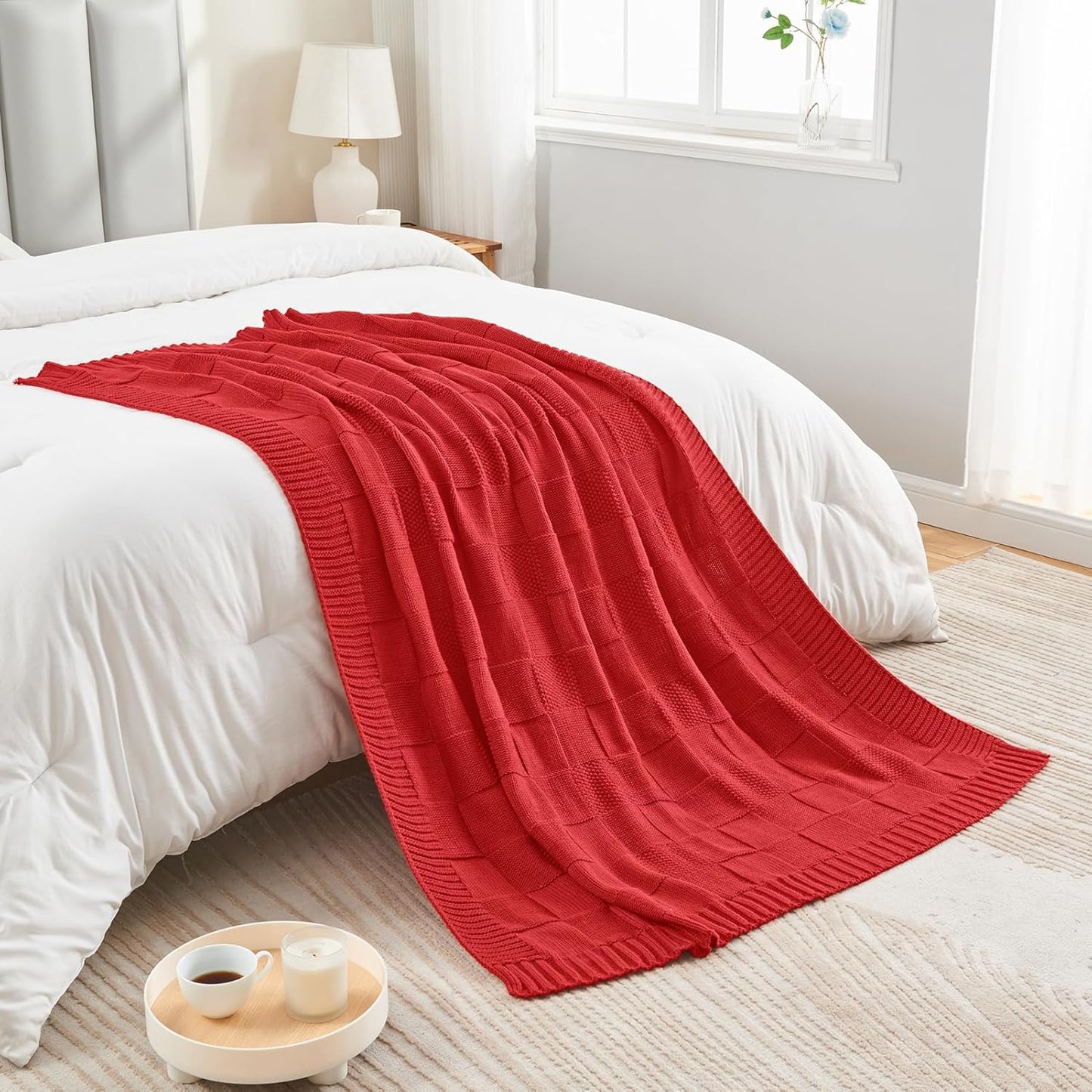 CozeCube Check Knit Throw Blanket, Christmas Red Checkered Bedroom Blanket for Couch, Soft Cozy Warm Knitted Blanket for Bed Sofa Living Room, Decorative Spring Fall Throw Blanket, 60"X80"