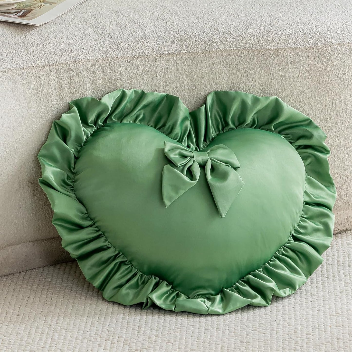 Heart Pillows, Cute Ruffled Heart Shaped Throw Pillows with Bow Soft Stuffed Love Decorative Pillow Cushion for Sofa Couch Bed Girl Room Chair Car Living Room, Green