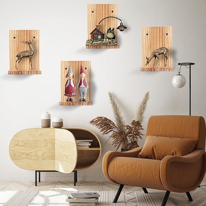 Small Wall Shelf Modern,Wooden Mini Floating Shelves,Indoor Wall Mounted Plants Shelf L Shaped,Midcentury Display Decorative Holder for Gallery Living Room Bedroom Porch,Pine,4 Pack(Carbonized Brown）