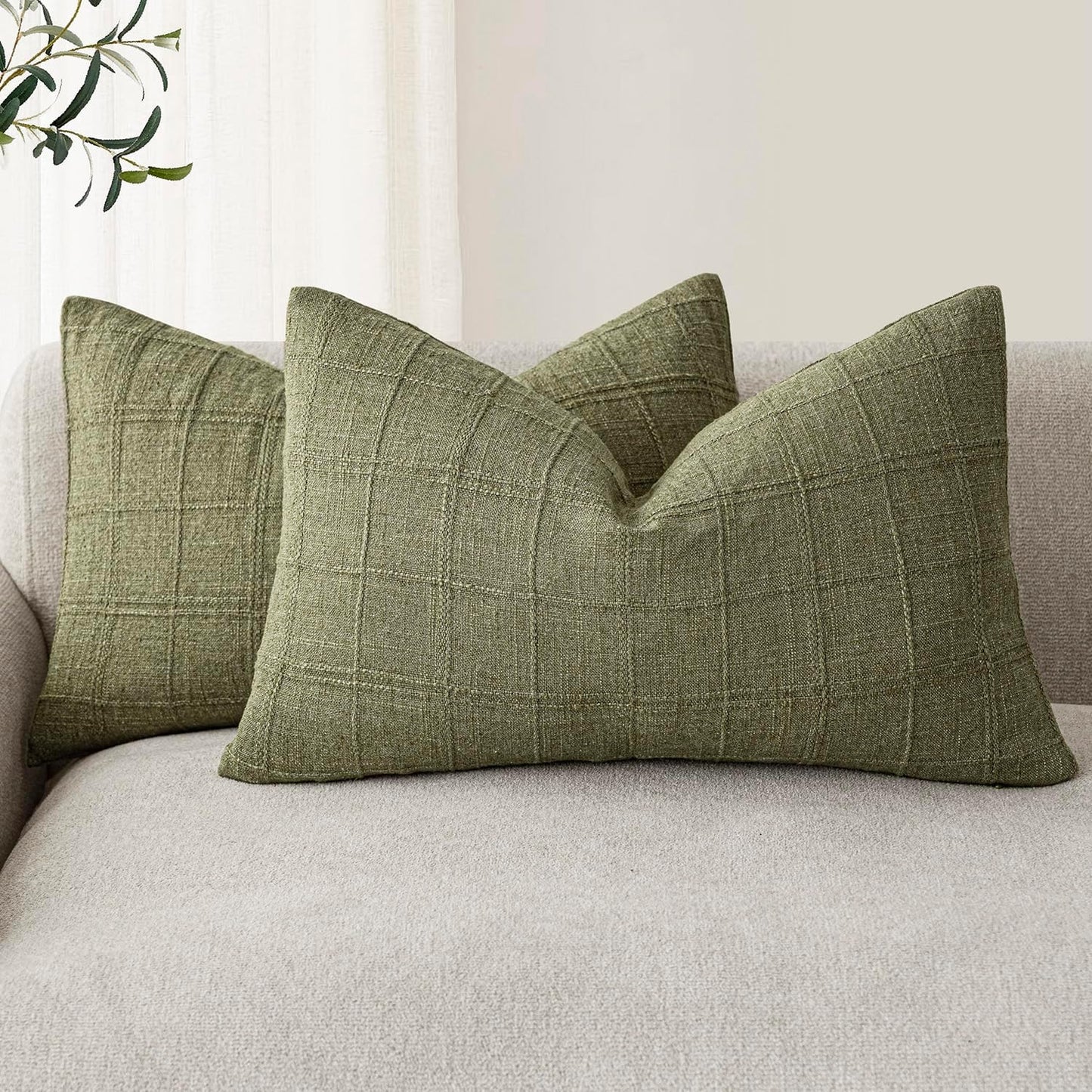 Foindtower Set of 2 Decorative Linen Check Throw Pillow Covers Neutral Farmhouse Lumbar Cushion Covers Modern Boho Home Decor for Sofa Chair Couch Bedroom Living Room,12×20 Inch,Sage Green