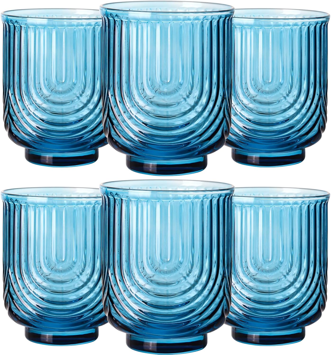 Blue Vintage Glassware Set of 6-14Oz Blue Water Drinking Glass, Art Deco Ripple Highball Glass, Whiskey Cocktail Glasses, for Bar Beverages Ice Coffee Juice, Housewarming Gifts