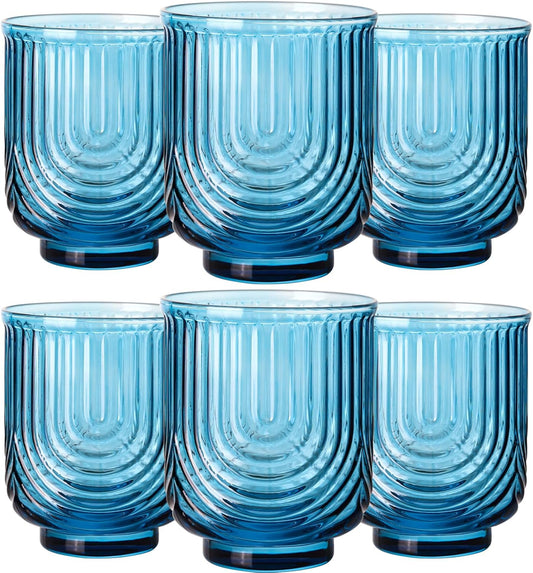 Blue Vintage Glassware Set of 6-14Oz Blue Water Drinking Glass, Art Deco Ripple Highball Glass, Whiskey Cocktail Glasses, for Bar Beverages Ice Coffee Juice, Housewarming Gifts