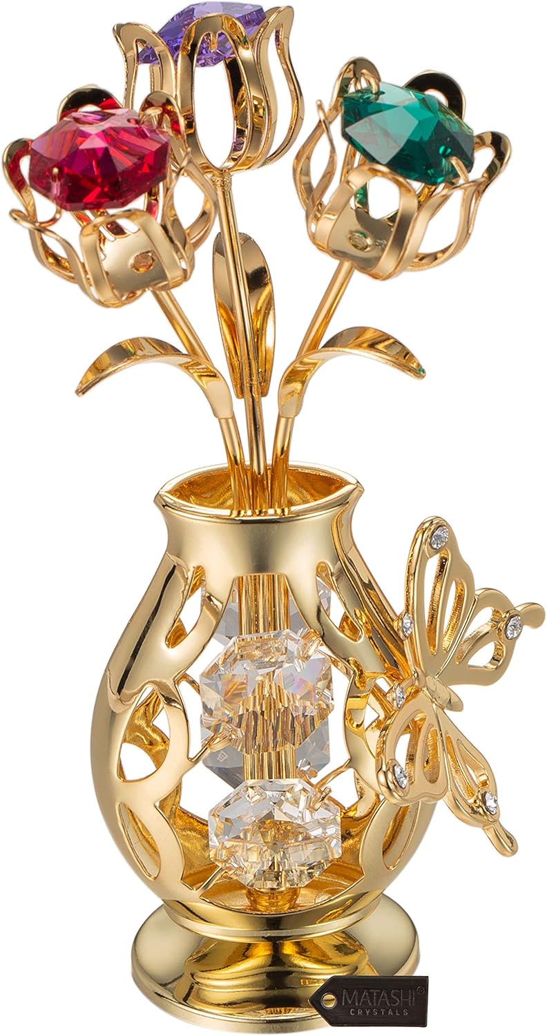 for Mom - Matashi 24k Gold Plated Flower Bouquet & Vase with Colorful Crystal Butterfly Figurine, Elegant Home Decorations - Unique Tabletop Ornaments, Ideal Gift for Mother's Day