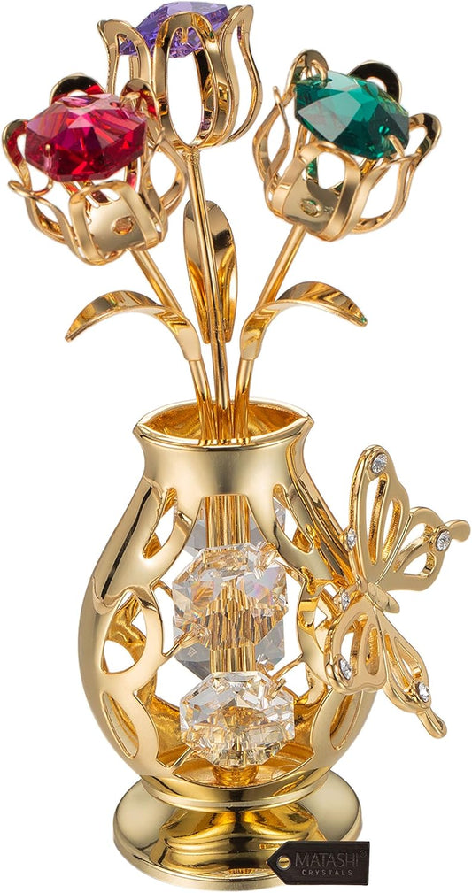 for Mom - Matashi 24k Gold Plated Flower Bouquet & Vase with Colorful Crystal Butterfly Figurine, Elegant Home Decorations - Unique Tabletop Ornaments, Ideal Gift for Mother's Day
