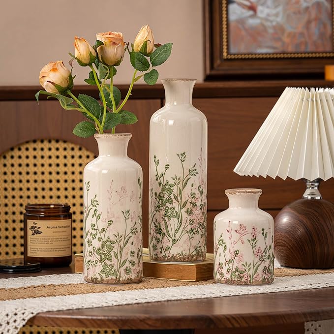 Set of 3 Ceramic Vase, Vintage Pink Floral Beige Vases, Rustic French Country Farmhouse Decorative Vases for Home Decor, Living Room, Mesa de Centro para Sala, Mantel, Kitchen,Table, Shelf Decor