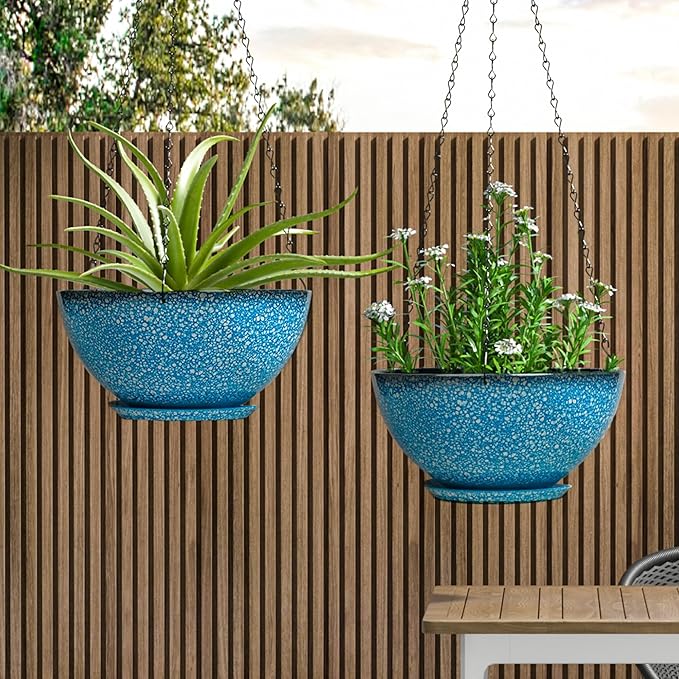 Hanging Planters for Indoor Outdoor Plants-2 Pack 10 inch Hanging Plant Pots with Drainage and Chain, Hanging Planter for House Plants (Blue with White Spray)