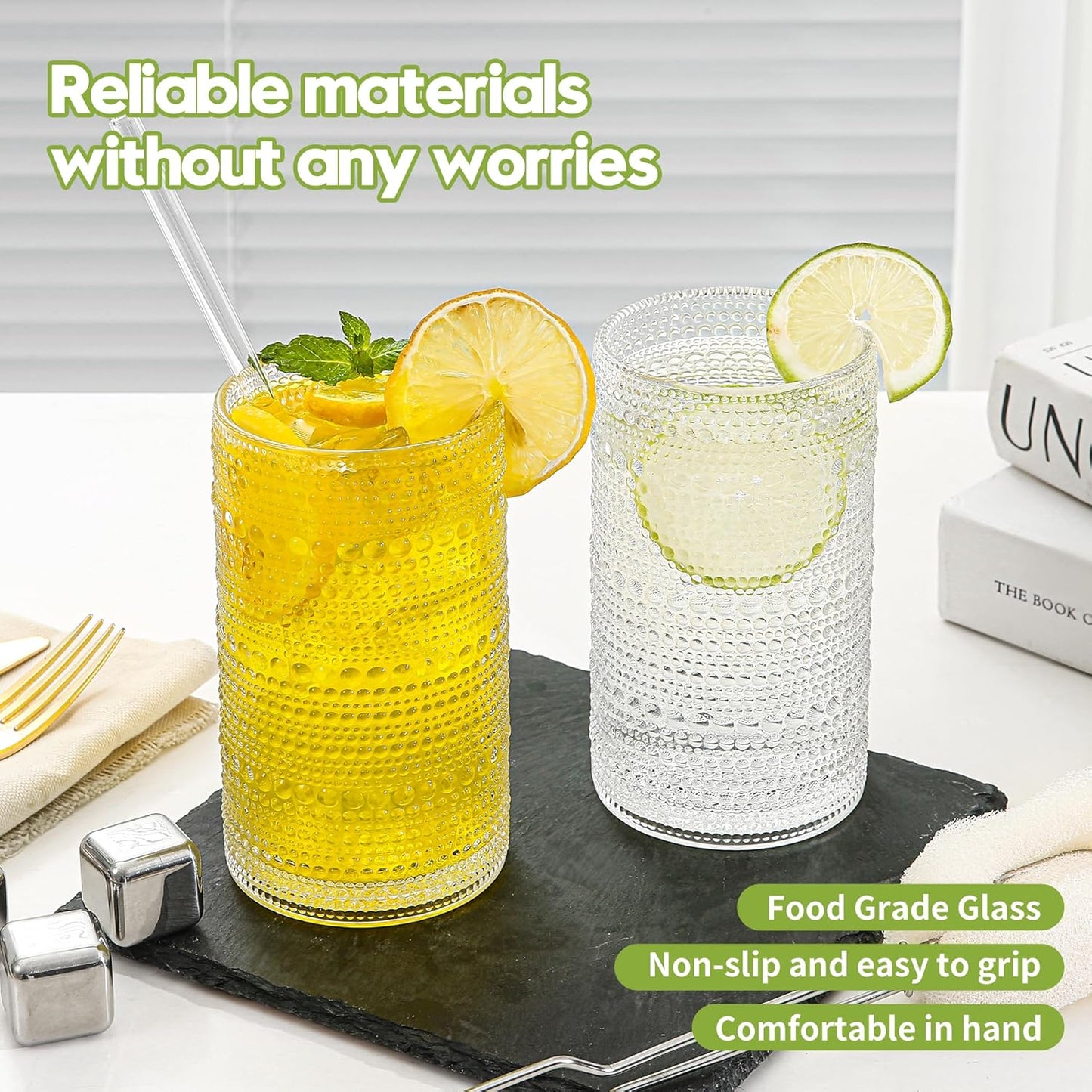 Large Vintage Hobnail Drinking Glasses Set of 6, 16oz Clear Highball Glasses Cups, Kitchen Water Glasses Cup, for Cocktail, Juice, Whiskey, Milk and Various Mixed Drinks