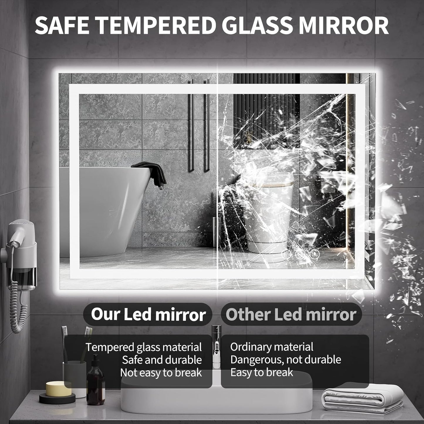 Koonmi 38"x26" LED Mirror for Bathroom, 90CRI Anti-Fog Vanity Mirror with Front and Backlight, Shatter-Proof Wall Mirror with Light, Easy Install Lighted Mirror for Modern Bathroom (IP65)